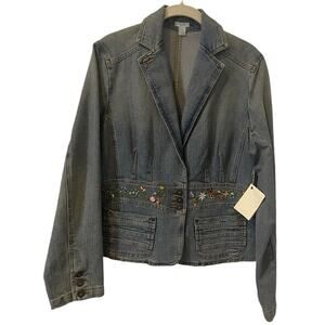 Apt 9 Jean Jacket Womens Large Denim Cropped Buttons Pockets-Hand Embroidered